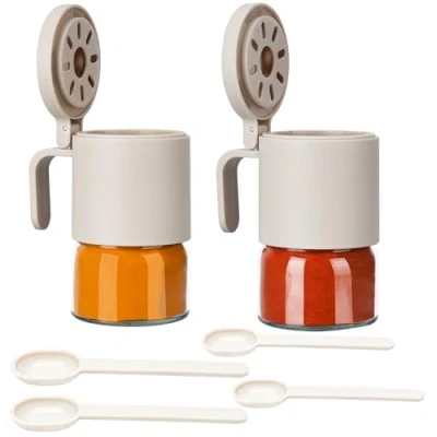 Afbeelding van BELLE VOUS Beige Glass Spice Containers with Spoons 2 Pack 300ml Flapper Caps