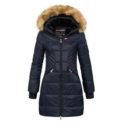 Afbeelding van Geographical Norway Abeille Lady Warme Mid Dikke Parka voor Dames Herfst Winter Dunne jas met capuchon van imitatiebont Winddicht jack Elegante dames, Navy Blauw
