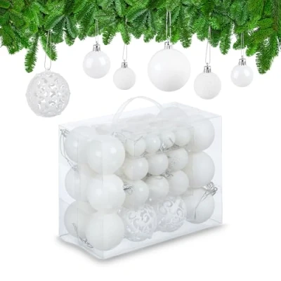 Afbeelding van Relaxdays kerstballen set van 50 traditioneel kunststof kerstboomversiering los wit