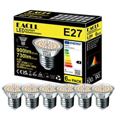 Afbeelding van EACLL Ledlamp, E27, warmwit, 6,5 W, komt overeen met 100 W halogeenlampen, 6 stuks, 2700 K, 730 lm, AC 230 V, geen flikkeren, stralingshoek 120 graden, ledspots, niet dimbaar, reflectorlamp