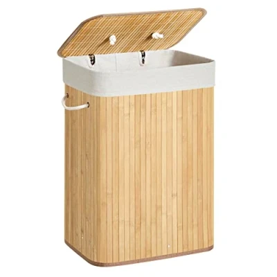 Afbeelding van Songmics XL 72 L Large Bamboo Foldable Laundry Basket Storage Hamper Box with Removable Washable Lining Natural 40 x 30 60 cm