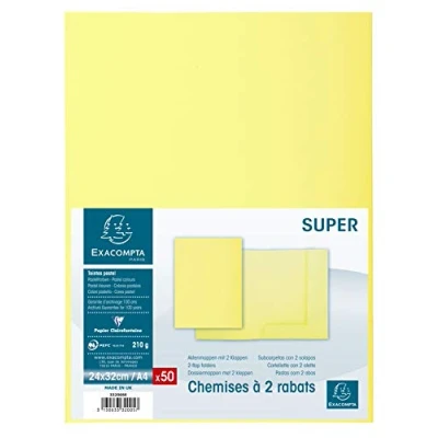 Afbeelding van Exacompta Ref. 332005E Pak van 50 stevige mappen met 2 kleppen SUPER 210 g/m² pastelkleuren PEFC™ gecertificeerde afmetingen 24 x 32 cm voor DIN A4 documenten kanariekleur