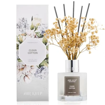 Afbeelding van Airkeep Clean Cotton Geurverspreider met 8 staafjes, diffuser, parfum, decoratie voor slaapkamer, woonkamer, badkamer, kantoor, 100 ml