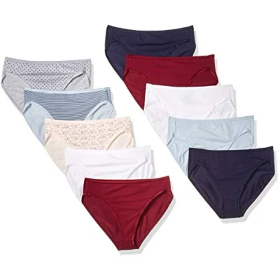 Image de Amazon Essentials Culotte en coton à jambe échancrée (grandes tailles disponibles) Women&#039;s, Pack of 10, Imprimé Fleuri/Points/Thin Stripe, 48