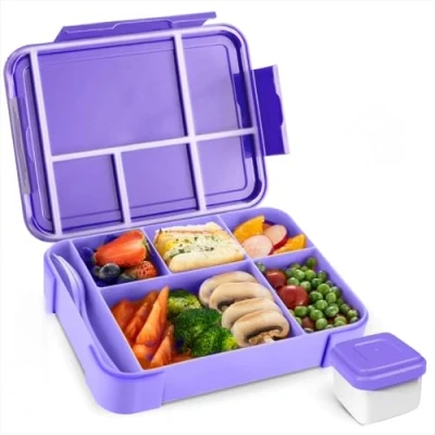 Afbeelding van PUWOWYE Schiscetta lunchbox met bestek, 1330 ml, voor kinderen en volwassenen, Bento Box 5 vakken, magnetron, picknickwerk, kantoor, BPA vrij (paars)
