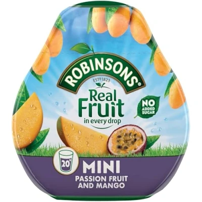 Afbeelding van Robinsons Mini zonder toegevoegde suiker caloriearm passievrucht en mango maakt 20 dranken per verpakking, 66 ml