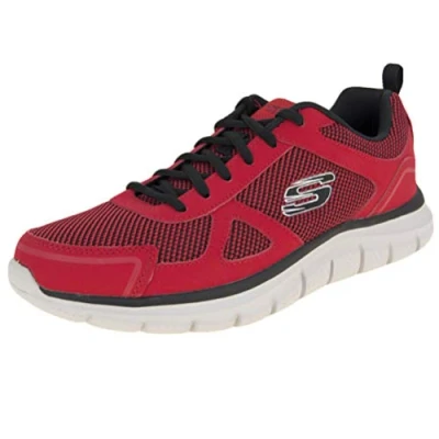 Afbeelding van Skechers heren track bucolo sneakers, Red Leather Black Mesh Trim, 47.5 EU