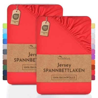 Afbeelding van NatureMark Set van 2 jersey hoeslakens, katoen, Öko Tex Standaard 100, voor vertrouwen in textiel, rood, verpakking 2, 90 x 200 cm, 100 cm