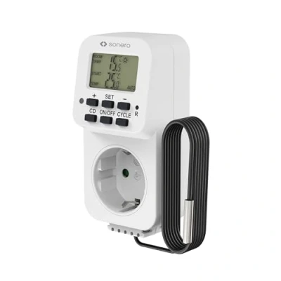 Afbeelding van sonero Digitale thermostaatcontactdoos met temperatuurregelaar, verwarming, koeling, timer externe sonde, voor terrarium, broeikas, rookoven, 3600 W, wit