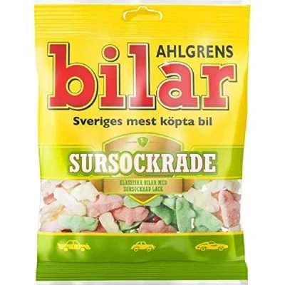 Afbeelding van ScandiKitchen Ahlgrens Bilar Sursockrade Zweedse snoepjes Classic, Soursweet Marshmallow Car 1 zak van 100 g