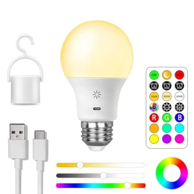 Afbeelding van USB C Batterij Oplaadbare Lamp met Afstandsbediening, E27 Smart RGB, 9 + 3 Kleurtemperaturen, Dimbare LED aanraak controle lampen Timer functie, 2600 mAh, 8 W, A19, 1 Pack