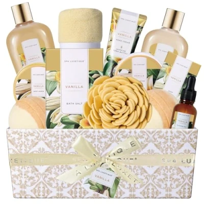 Afbeelding van SPA LUXETIQUE Cadeau voor vriendin: 12 delige cadeauset met vanillegeur badzout, badbommen, douchegel, handcrème, tulband knop, badgeschenkdoos