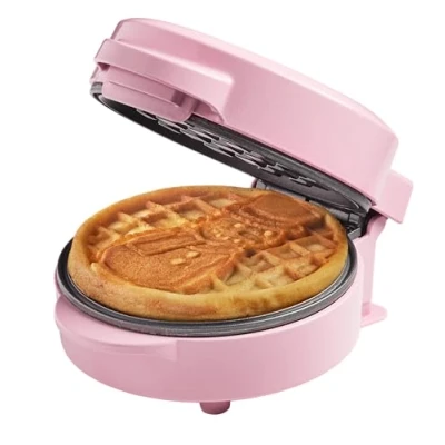 Afbeelding van Bestron mini wafelijzer met sneeuwpopmotief, kleine antiaanbaklaag, voor kinderverjaardagen, familiefeesten, Pasen of Kerstmis, retro design, 550 watt, kleur: roze