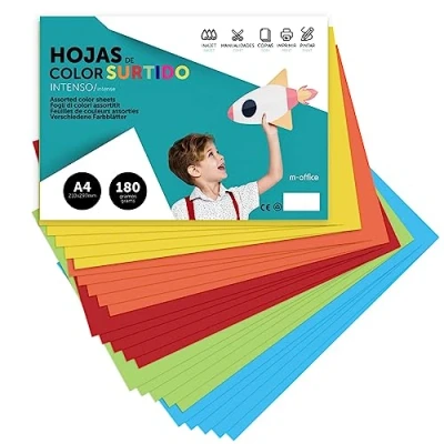 Afbeelding van Kleurrijk karton A4 verschillende kleuren intens, 180 g gekleurde vellen voor knutselen, documenten afdrukken en creatieve tekeningen, · m office (x250 assortiment