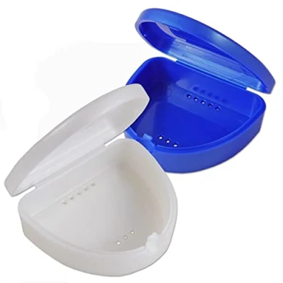 Afbeelding van Set van 2 fijne orthodontische tandheelkundige etuis Keuze uit kleuren en glitter voor fixaties, bleekdienbladen, tandprothesen meer (blauw wit), Blauw/Wit, Compact