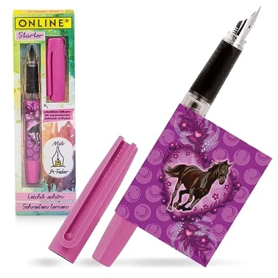 Afbeelding van ONLINE Vulpen om te leren schrijven, met veer voor beginners, roze, mooi paardendesign, rechtshandigen, meisjes en jongens, robuust ergonomisch, inktpatroon