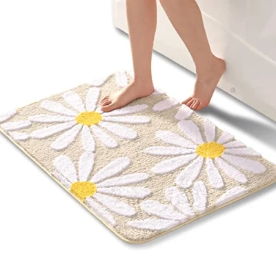 Afbeelding van Beige Schattig Madeliefje Badmat Antislip Wasbaar Wit en Geel Bloem Zachte Microvezel Douchemat Absorberend Badkamermat 60 x 90 cm