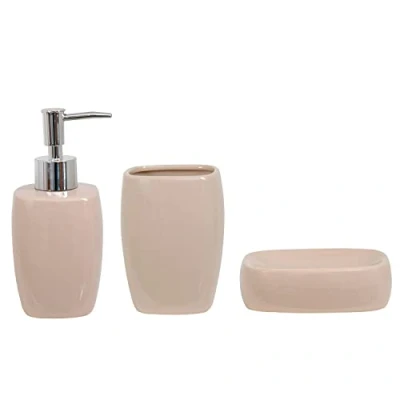 Afbeelding van MSV 3 delige badkameraccessoireset keramiek zeepdispenser, zeepbakje, beker beige