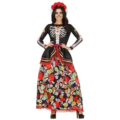 Afbeelding van Guirca Spaans &amp; Mexicaans Kostuum Feestelijke Day Of The Dead Catrina Vrouw Rood, Zwart Maat 42 44 Halloween Verkleedkleding