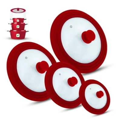 Afbeelding van M.S.N Set van 4 universele glazen deksels voor potten en pannen 16/18/20 cm, 20/22/24 24/26/28 cm 28/30/32 met uitlaatventiel siliconen rand, rood