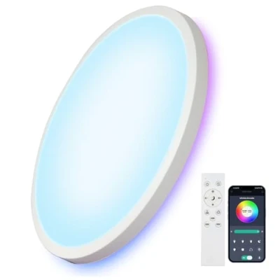 Afbeelding van Comely Led plafondlamp, 28 cm, rond, 24 W, dimbaar, met afstandsbediening, RGB achtergrondverlichting, IP44, badkamerlamp, plafondlamp voor keuken, hal, woonkamer, slaapkamer
