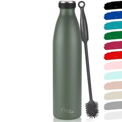 Afbeelding van Milu Thermosfles van roestvrij staal, dubbelwandig, lekvrij, geschikt voor koolzuurhoudende dranken, met reinigingsborstel, 1,5 liter, olijfgroen