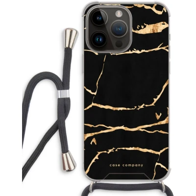 Afbeelding van Case Company® hoesje met Koord geschikt voor iPhone 14 Pro Max Gouden marmer Telefoonhoesje Zwart Extra Bescherming aan alle Kanten en Over de Schermrand