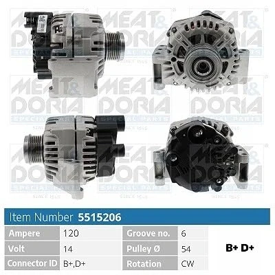 Afbeelding van MEAT &amp; DORIA 5515206 Dynamo / Alternator 14V 120A FIAT: Punto Evo Hatchback, 500 III ALFA ROMEO: MiTo