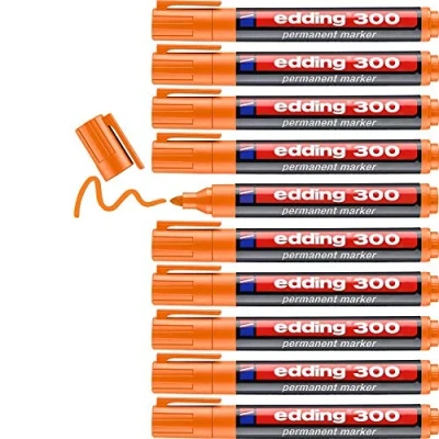 Afbeelding van Edding 300 permanente markeerstiften, oranje, 10 stiften, ronde punt, 1,5 3 mm, sneldrogend, water en wrijvingsbestendig voor karton, kunststof, hout, metaal, glas