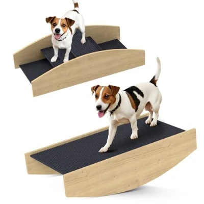 Afbeelding van PawHut Bascule d&#039;agilité 2 en 1 Pour chien Rampe chiens de petite, moyenne taille moins 15 kg l&#039;équilibre, la confiance soi 80 x 39,5 20 cm Bois naturel