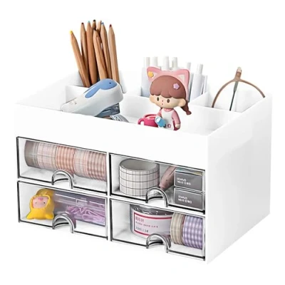 Afbeelding van Fervalyna Bureau organizer, bureaupennenhouder met 4 vakken en laden, multifunctionele organizer van kunststof, bureauopslag voor school, kantoor thuis (wit)