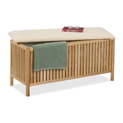 Afbeelding van Relaxdays badkamer bankje met wasmand 100 l hout en stof 50x100x38 cm