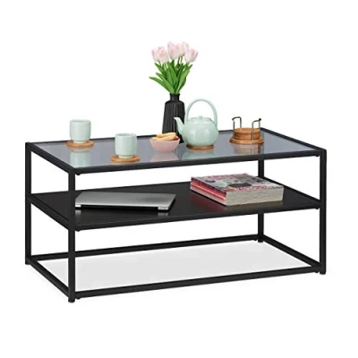 Afbeelding van salontafel glas met opbergruimte 42x90x50 cm woonkamer zwart