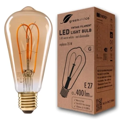 Afbeelding van greenandco® Vintage led gloeilamp, E27, ST64, 5 W (komt overeen met 35 W), 400 lm, 2000 K, warm wit, 360 graden, 230 V, glas, geen flikkeren, niet dimbaar