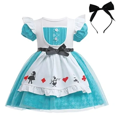 Afbeelding van Lito Angels Kostuum Alice in Wonderland met wit schort en haarhoepel voor kinderen, meisjes, maat 2 3 jaar, turquoise