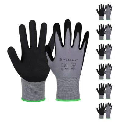 Afbeelding van Velway 6 paar nylon werkhandschoenen met nitrilcoating, antislip bouwhandschoenen, lichte ademende tuinhandschoenen, EN388, mechanische handschoenen voor heren en