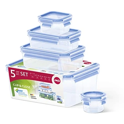 Image de Emsa 512753 Alimentaires Clip &amp; Close, Plastique, Transparent/Bleu, Tailles Variées, Lot de 5 Boîtes