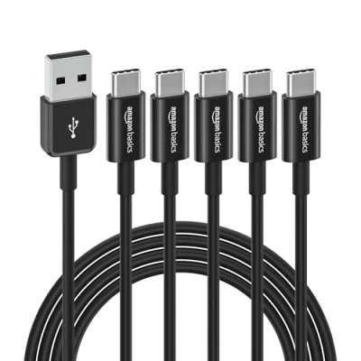 Afbeelding van Amazon Basics 5 stuks USB C naar A 2.0 snellaadkabel, 480 MB/s, IF gecertificeerd, voor Apple iPhone 15, iPad, Samsung Galaxy, tablets, laptops, 1,8 m, zwart