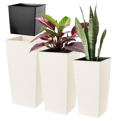 Afbeelding van KADAX Set van 3 plastic weerbestendige bloempotten, geschikt voor binnen, buiten en tuinbakken, crème, XL