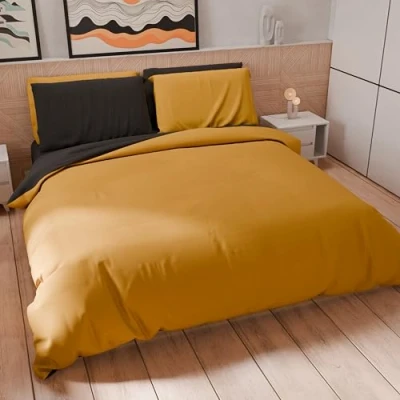 Afbeelding van PETTI Artigiani Italiani dekbedovertrek voor tweepersoonsbed, en kussenslopen van microvezel, tweekleurig, okergeel/zwart, 100% Made in Italy