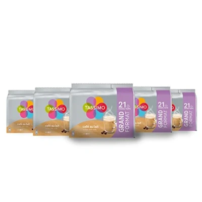 Image de TASSIMO, 105 dosettes Café au Lait, Compatibles avec les machines Cafés Equilibré et onctueux, 5 packs de 21 (L&#039;emballage peut varier)
