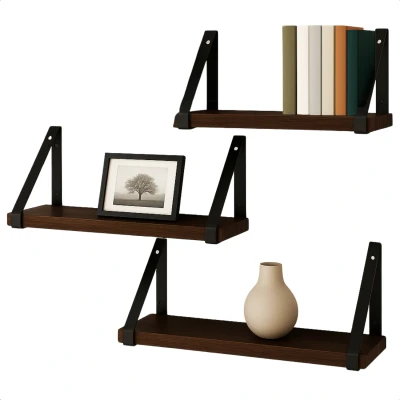 Afbeelding van Cheqo Zwevende Wandplank Set Industrieel Zwevend Wandrek Boekenplank Boekenrek Vintage Hout Metalen Beugels Muurdecoratie