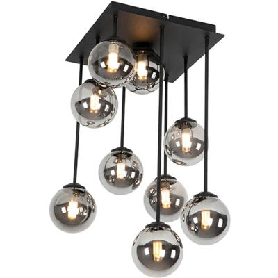 Afbeelding van QAZQA Moderne plafondlamp zwart 9 lichts met smoke glas Athens