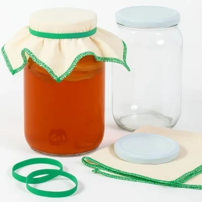 Afbeelding van myFERMENTS Grote kristallen potten met deksel, 2 l, containers brede hals, chiffon van katoen, 50 x cm en rubberen strepen, luchtdichte bewaar gistingspot voor kefir