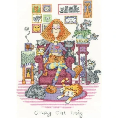 Afbeelding van BORDUURPAKKET CRAZY CAT LADY HERITAGE CRAFTS telpatroon om zelf te borduren