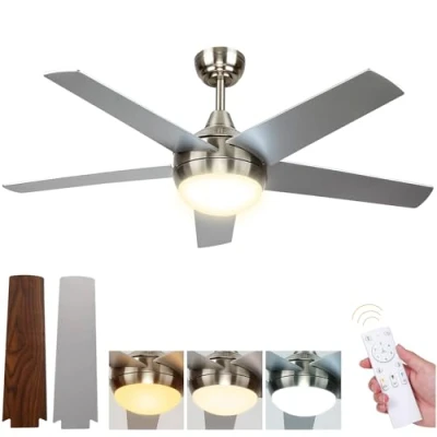 Afbeelding van plafondventilator met afstandsbediening, DC LED verlichting, 3000 K 6500 warm, natuurlijk, koud wit licht, 5 bladen, 6 snelheden, voor slaapkamer, woonkamer, kantoor, 132 cm