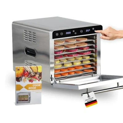 Afbeelding van Sommertal Dörrautomat Silence 700 XXL 8 RVS Racks, LED Display, 24u Timer, Instelbare Temperatuur (35C85C), Inclusief Receptenboek, 700W, Stille Droger