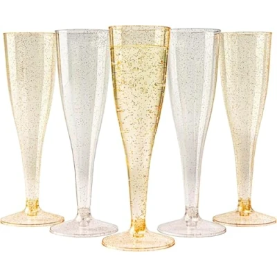 Afbeelding van MATANA 48 Herbruikbare Plastic Champagneglazen 133ml met 24 Gouden Glitter en Zilveren