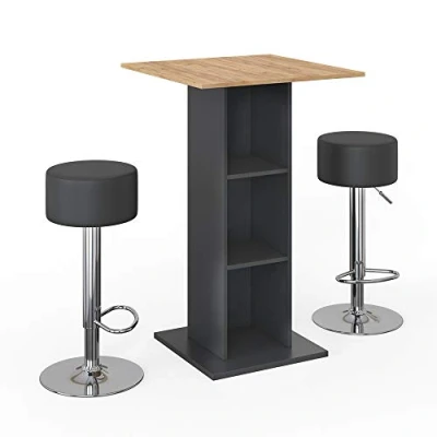 Afbeelding van Vicco Barset &quot;Rodeo&quot;, antraciet/goudkleurig eiken, 70 x cm, met 2 barkrukken