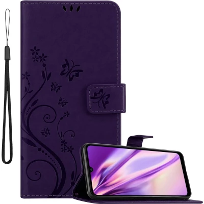 Afbeelding van Cadorabo Hoesje geschikt voor Huawei Y6P in BLOEMEN DONKER PAARS Beschermhoes bloemmotief met magnetische sluiting, standfunctie en kaartsleuven Book Case Cover Etui
